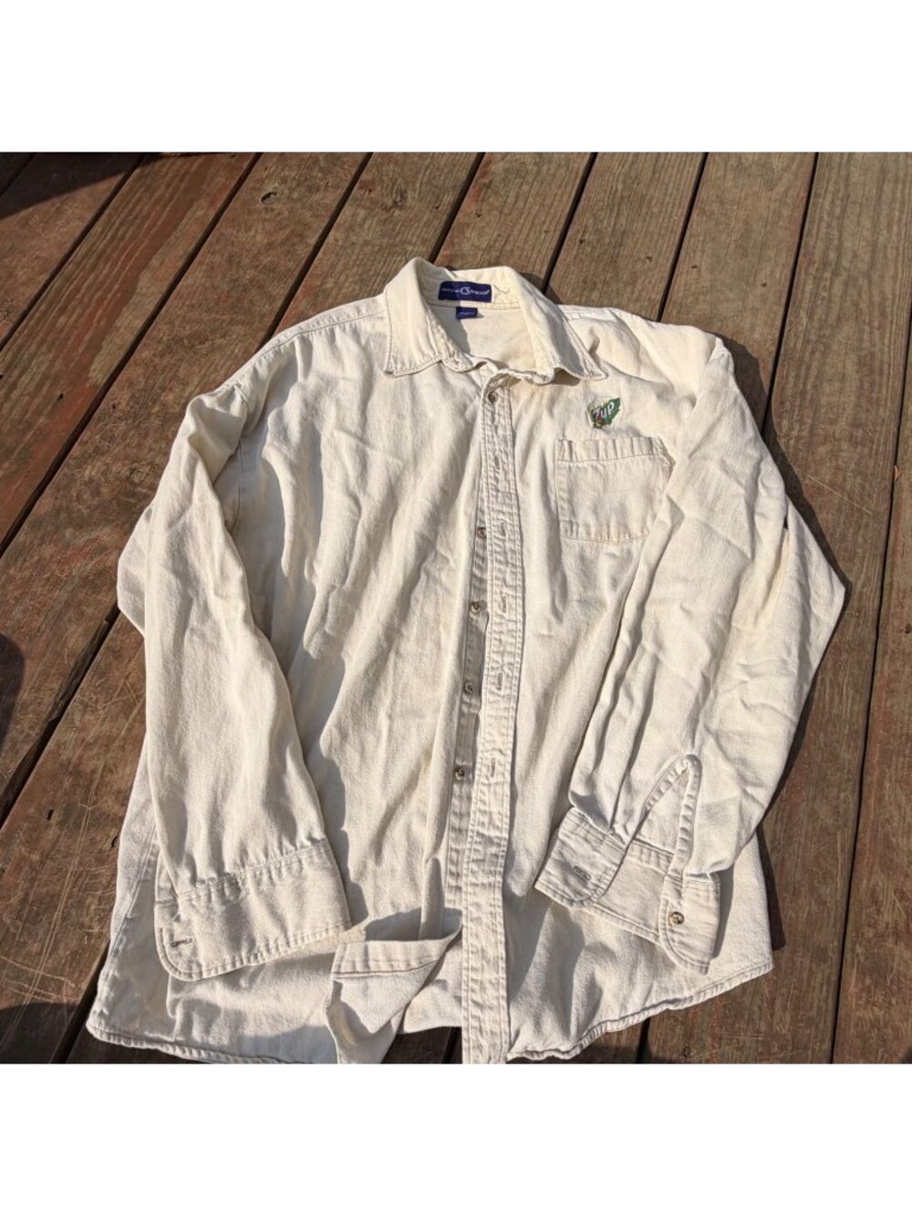 Vintage‎ 7Up Embroidered Button-Up Shirt Crystal Springs XXL Beige Cotton